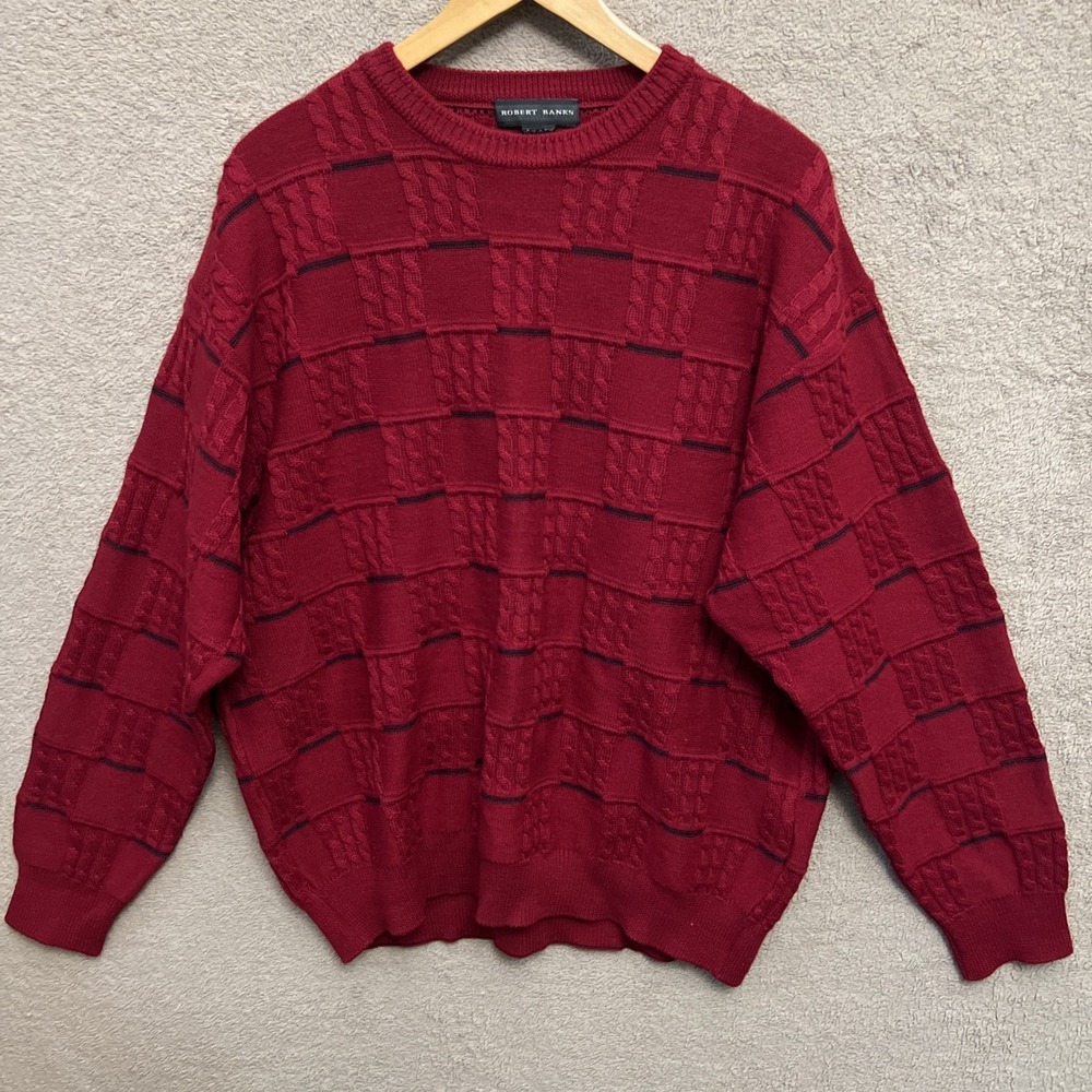 Robert Banks 100% Merino Wool Red And Black Cable Sweater XL